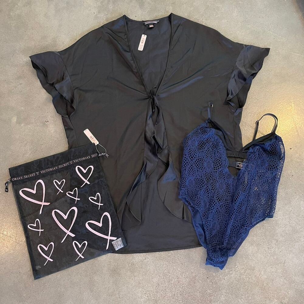 Victorias secret blue black lingerie bodysuit kimono set womens small bundle